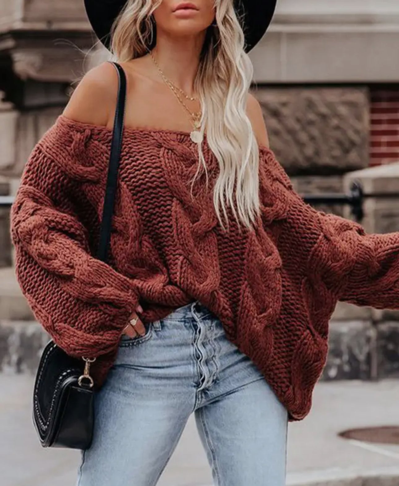 Off the shoulder cable knit sweater